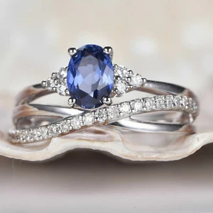 2.65Ct Oval Cut Blue Sapphire Bridal Set Engagement Ring 14K White Gold Finish - Picture 1 of 6