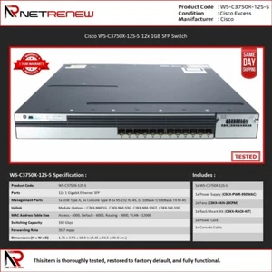 Cisco WS-C3750X-12S-S Catalyst 3750X 12-Port GbE SFP IPBase Managed Switch - Picture 1 of 1