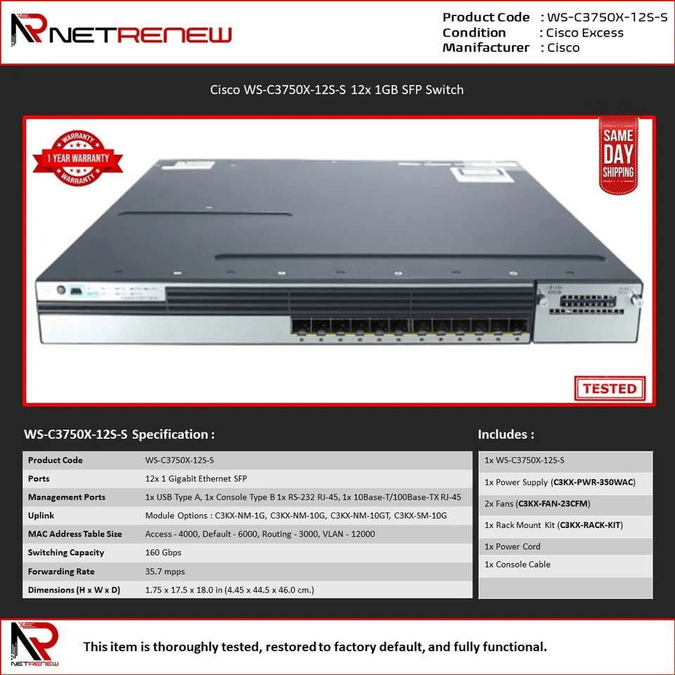 Cisco WS-C3750X-12S-S Catalyst 3750X  12-Port GbE SFP IPBase Managed Switch - Image 1 of 1