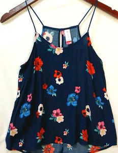 No Boundaries Flowy Babydoll Top M Navy Floral Scoop Neck Keyhole Back Rayon - Picture 1 of 11