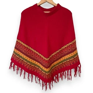 Vintage Alpaca Wool Red Fringed Poncho Shawl Festival Ethnic Boho Knit Sweater - Picture 1 of 10