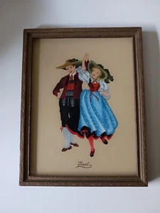 Vintage Tyrolean Folk Dance Art Reverse Painting On Glass Framed 9x6.75 Inches - Picture 1 of 6