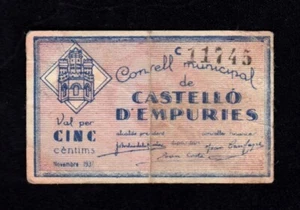 F.C. CASTELLÓ D'EMPURIES (GERONA) , 5 CENTIMS 1937 , SERIE C , MBC- . - Picture 1 of 2