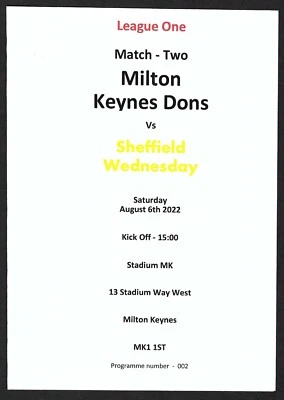 MILTON KEYNES DONS v SHEFFIELD WEDNESDAY 06.08.22 LEAGUE ONE MATCH PROGRAMME - Image 1 of 3