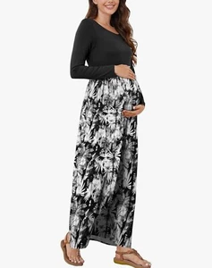 Maternity maxi dress Medium Black Solid top, print skirt NWT **FREE SHIPPING ** - Picture 1 of 4