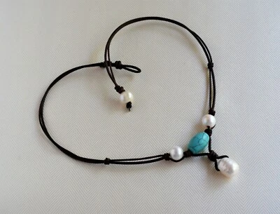 Pearls On Leather Necklace Pearl Leather Choker Kalaite Callaite Turquoise Yevga - Image 1 of 4