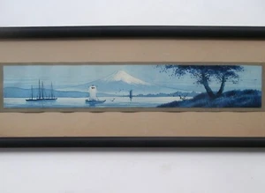 ANTIQUE W/C Blue Painting JAPANESE ARTIST Japan MOUNT FUJI Ships & Boats HONSHU - Picture 1 of 11
