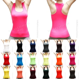 Women Seamless Ribbed Racer Back Slim Stretch Tank Top Sleeveless Yoga Gym - Picture 1 of 17