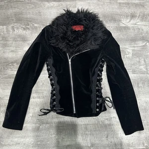 Tripp NYC Jacke Damen XS schwarz Samt Fellbesatz Spitze Korsett Goth Steampunk Emo - Bild 1 von 24