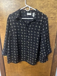 Liz Claiborne Top Womens Large Black Floral Button Up Long Sleeve Petite - Picture 1 of 13