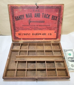 Caja de madera de hardware Belmont c1900 martillos, clavos y tachuelas publicidad de tienda de campo - Imagen 1 de 8
