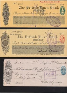 1913-30 SCOTLAND, Three Issued cheques from DUMFRIES, PAISLEY & FORFAR - Picture 1 of 1