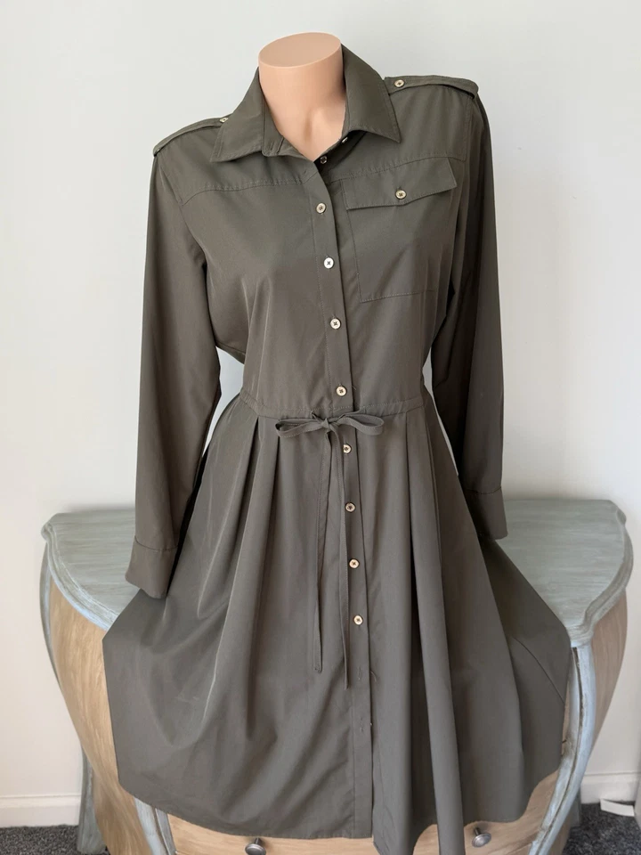 Calvin Klein Safari Shirt Dress Women's Olive Green Tie Button Front Z 10 M - Image 1 of 4