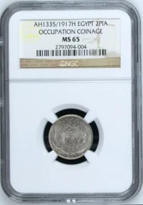 EGYPT , 2 PIASTRES HUSSEIN KAMIL 1917H NGC MS 65 (AL) , RARE - Picture 1 of 2
