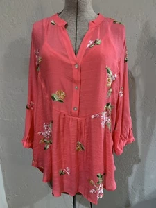 Hope Springs Embroidered Tunic Top Shirt Sheer Smocked Button 3/4 Sleeve Front L - Picture 1 of 16