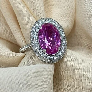 GIA 5.44 TCW Oval Lab Grown Purple Pink Sapphire Diamond Ring 14k White Gold - Picture 1 of 11