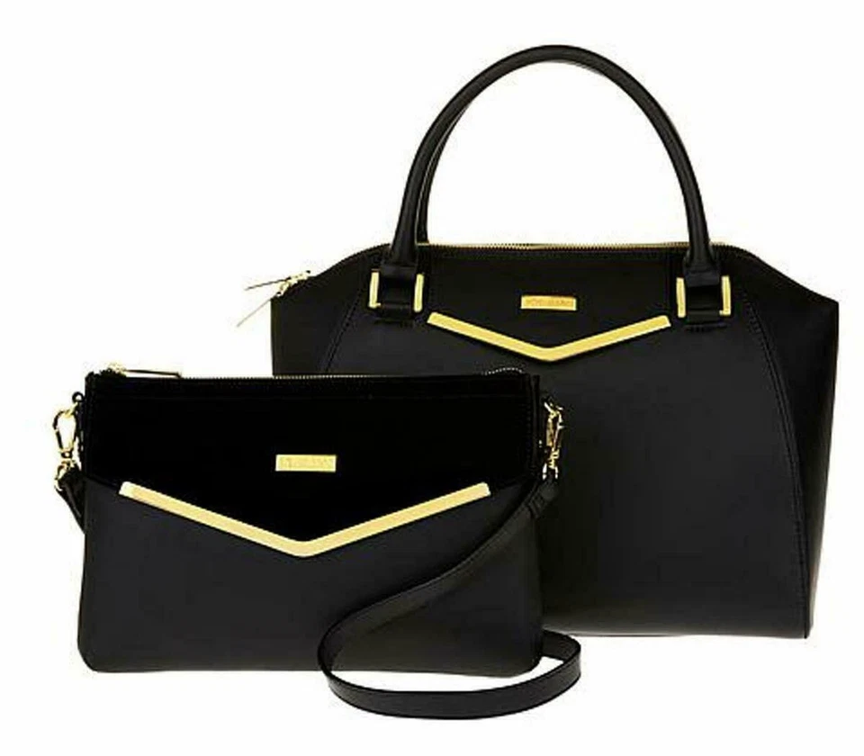 JOY & IMAN Couture Leather Satchel & Clutch with Velvet Detail Black - Image 1 of 4