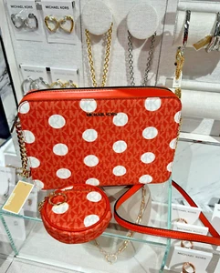 Michael Kors Women Large Polka Dot Crossbody Bag+Circle CoinpouchWallet Red Clay - Picture 1 of 22