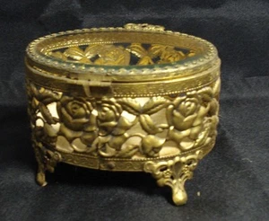 Vtg Filigree Gilded roses Brass & Beveled Glass box, jewelry, trinkets display - Picture 1 of 5