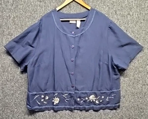 Vintage Koret Top Womens 24W Plus Navy Blue Embroidered Floral Cottage Linen Y2K - Picture 1 of 11