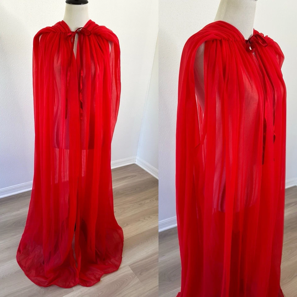 Lencería de fantasía vintage bata de nailon roja transparente hecha en EE. UU. Foto 1 de 4