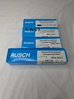 Juego de laringoscopio de hoja de fibra óptica Rusch Miller #0,1,2 con mango mediano/estándar Foto 1 de 4