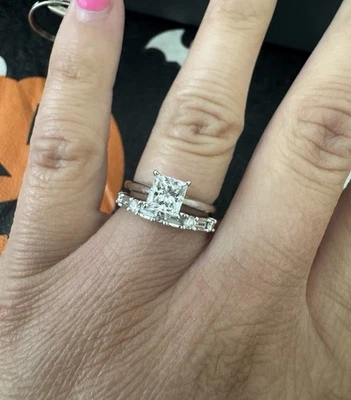 Lab Created Princess Cut Diamond Engagement Ring Set White Gold - Image 1 of 4