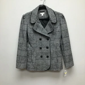 Maison Jules Womens Winter Peacoat Black White Glen Check Lined Pockets M New - Picture 1 of 7