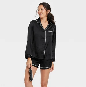 Women's 3pc Satin Long Sleeve Notch Collar Top, Shorts, & Mask Pajama Set - Picture 1 of 16