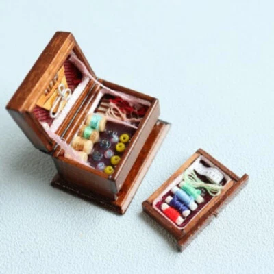 1/12 Scale Dollhouse Miniatures Old  Accessory Vintage Grandma’s Sewing Box Wood - Image 1 of 4