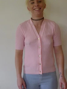 Vintage retro 60s 12 M unused pink skinny knit NWT cardigan short sleeves - Foto 1 di 6