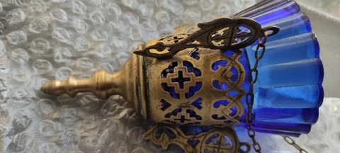 19 century Vintage church lamp pendant, blue bowl place for candle Cover
