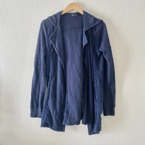 Lucky Brand Hooded Open Cardigan Navy Blue Lace Inset Size Small - Picture 1 of 4