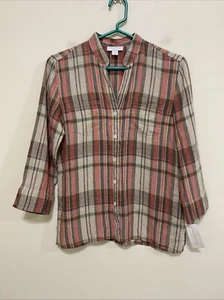 Charter Club NWT 4P 100% Linen Plaid 3/4 SLeeve Blouse Orange Taupe - Picture 1 of 4