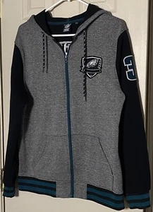 Eagles Philadelphia Football NFL Full Zip Drawl String Hoodie Gray Black Medium - Picture 1 of 6
