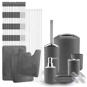 12 Piece Bathroom Accessories Set Shower Curtain 3 Rugs Toilet Brush and More - Picture 1 of 48