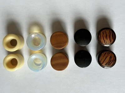 5 Pairs ear plugs tunnels 3/4 Inch Three different Woods, 1 Bone and 1 Moonstone - Image 1 of 2