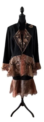 Louise Ricci 3pc Black w/Brown and Gold Skirt Suit w/Bling, Beads & Appliqués 18 - Image 1 of 4