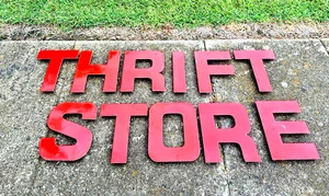 Vintage 12" Tall Red Porcelain Thrift Store Metal Letters Sign - Picture 1 of 19