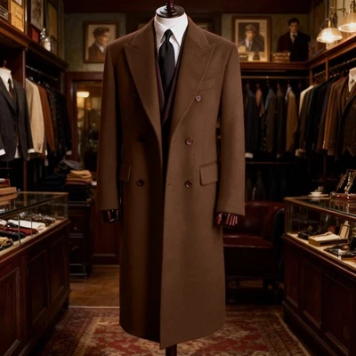 Wool Blend Men Coats Overcoats Peak Lapel Jackets Double Breasted Outside Wear - Image 1 of 4