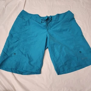 Columbia Omni Shade Blue Shorts Womens Size 14 Sun Protection Pockets Drawstring - Picture 1 of 7