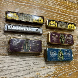 Lot Of 5 Tin Cases W/ 1 Harmonica. Violin King And Opera. Antique 1920s -later - Picture 1 of 14