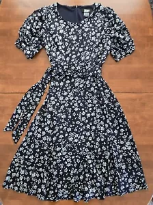 DKNY size 10 navy floral short sleeve Fit & Flare belted midi dress - Picture 1 of 13