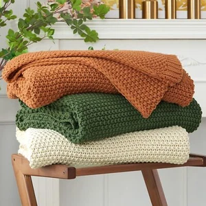 Bedding, coarse-knit blanket, light beige organic cotton blanket - Picture 1 of 9