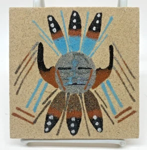 VTG 4" x 4" Navajo Sand Painting Sun Eagle Healer Signed By Carita Banallz - Picture 1 of 4