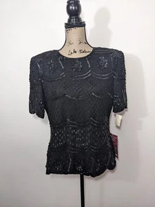Blusa de cóctel Stenay años 80 con cuentas lentejuelas seda retro negra talla grande nueva con etiquetas - Imagen 1 de 14