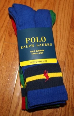 POLO RALPH LAUREN Para hombres 3 Pares Crew PERFORMANCE Calcetines PONY ROJO AZUL VERDE *1A Foto 1 de 4