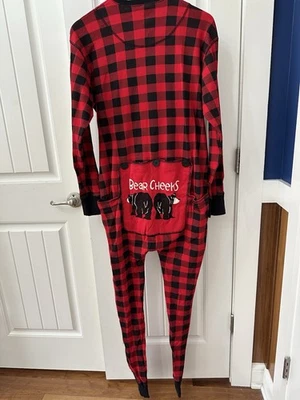 Lazy One Red and Black Plaid Cotton One Piece Longjohn sz L Bear Cheeks - Image 1 of 4