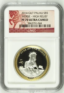 2014 Palau 1 oz Silver Year of the Horse NGC PF-70 ULTRA CAMEO HIGH RELIEF - Picture 1 of 2