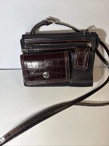 Vintage Brighton Crossbody Bag Purse Organizer Wallet Black Brown Leather Croc - Picture 1 of 13